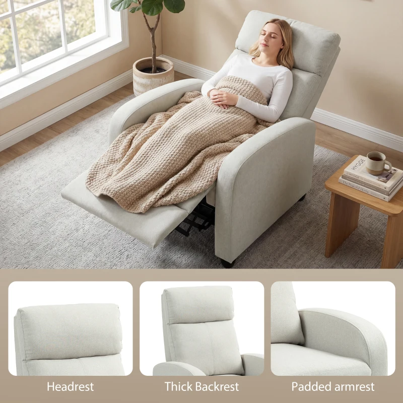 HOMCOM Fabric Recliner Chair Manual Home Theater Seating Single Reclining Sofa Chair with Padded Seat, Cream White