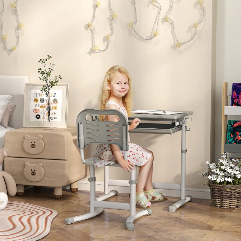 Qaba Height Adjustable Kids Desk and Chairs Set with Tilt Desktop, Storage Drawer, Pen Slot, Hook, Gray