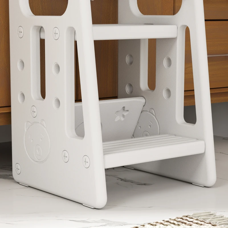 Qaba Toddler Kitchen Helper 2 Step Stool with Adjustable Height Platform and Safety Rail, White