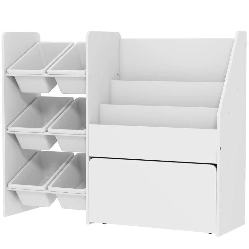 Qaba Kids Bookshelf and Toy Storage, 3-Tier Bookcase with 6 Removable Bins and Box for Toddler Nursery Playroom, White