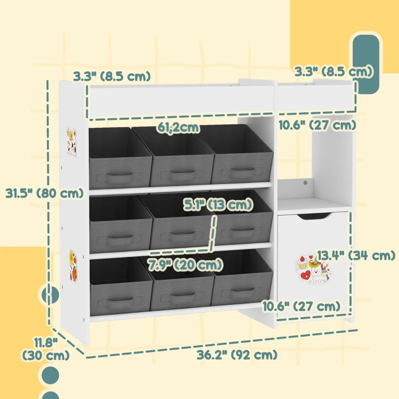 Qaba Toy Storage Organizer with 9 Non-Woven Fabric Boxes, Storage Cabinet & Shelves, for Kids Room, Nursery, Playroom White