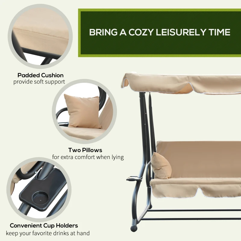 Outsunny 3-Seat Outdoor Patio Swing Chair, 2-in-1 Convertible Flat Bed, Canopy Swing with Adjustable Shade, Removable Cushions, Cup Holder, Beige