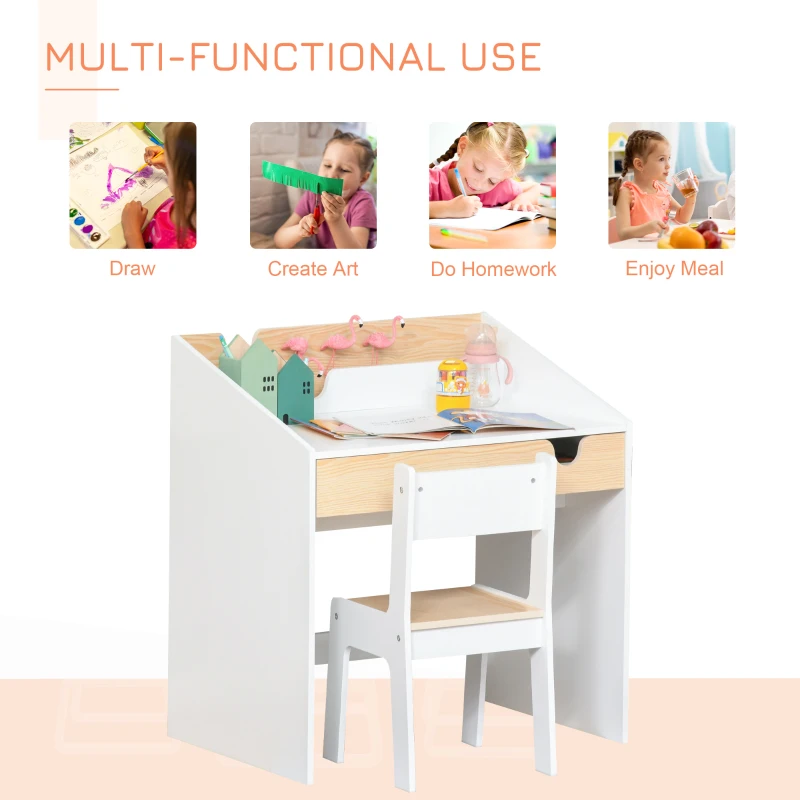 Qaba 2 Pieces Kids Desk and Chair Set with Storage Pull-Out Drawer for 6-10 Years, Writing, Reading, Drawing