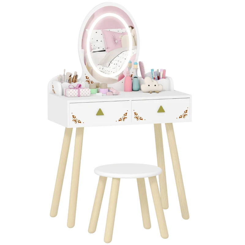 Qaba Kids Vanity Set with Mirror, Stool, 3-Colour LED Lights, Girls Dressing Table Pretend Play for Kids Room, Pink