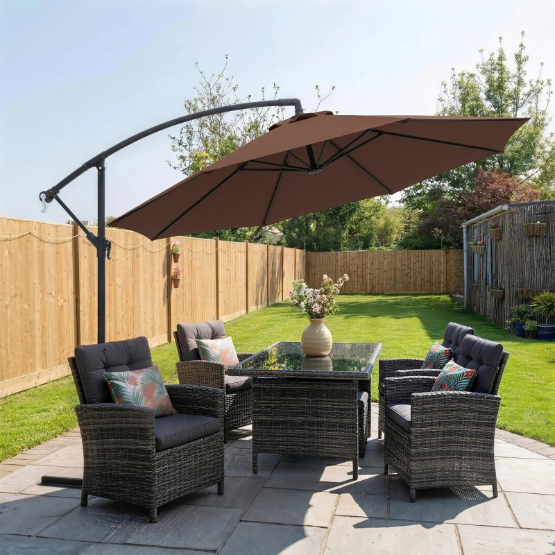 Outsunny 10' Deluxe Patio Umbrella, Outdoor Market Parasol, Banana Hanging Offset Sunshade with Crank, Cross Base, Coffee