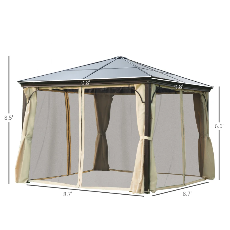 Outsunny 10' x 10' Hardtop Gazebo Canopy with Polycarbonate Roof, Aluminum Frame, Permanent Pavilion Outdoor Gazebo with Netting, for Patio, Garden, Backyard, Deck, Lawn, Black, Beige