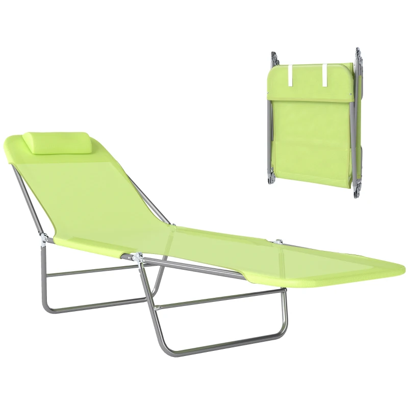 Outsunny Outdoor Lounge Chair, Portable Adjustable Reclining Seat Folding Chaise Lounge Patio Camping Beach Tanning Chair Bed with Pillow, Light Green