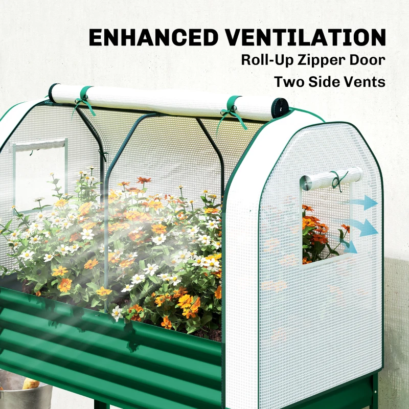 Outsunny Galvanised Raised Garden Bed with Greenhouse Cover, Metal Elevated Garden Bed with Bed Liner, Bottom Shelf, Green