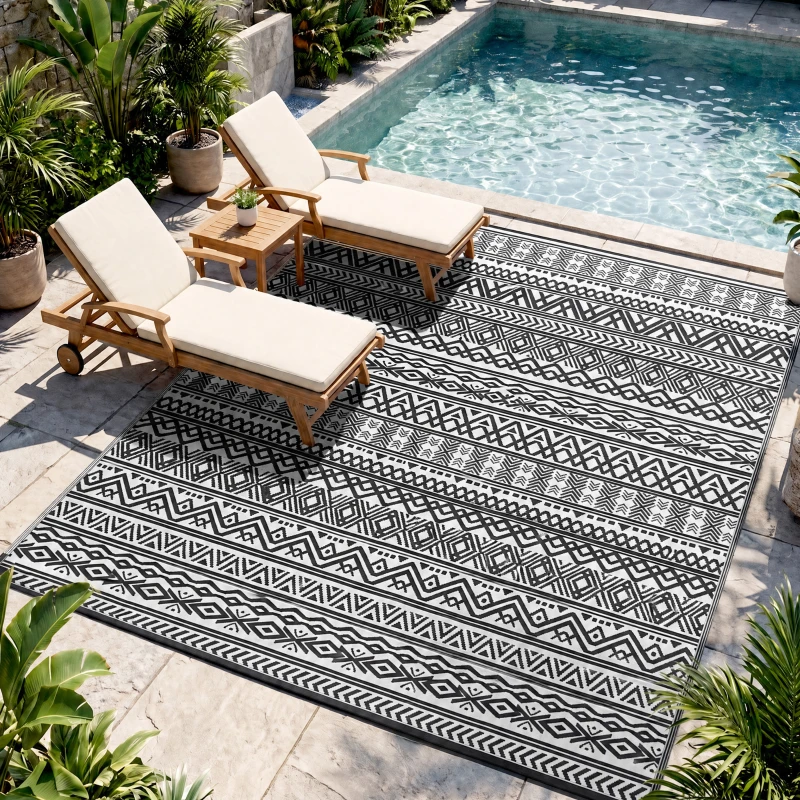 Outsunny Reversible Outdoor Rug Carpet RV Camping Rugs with Carry Bag, 8' x 10', Gray & Cream White Boho