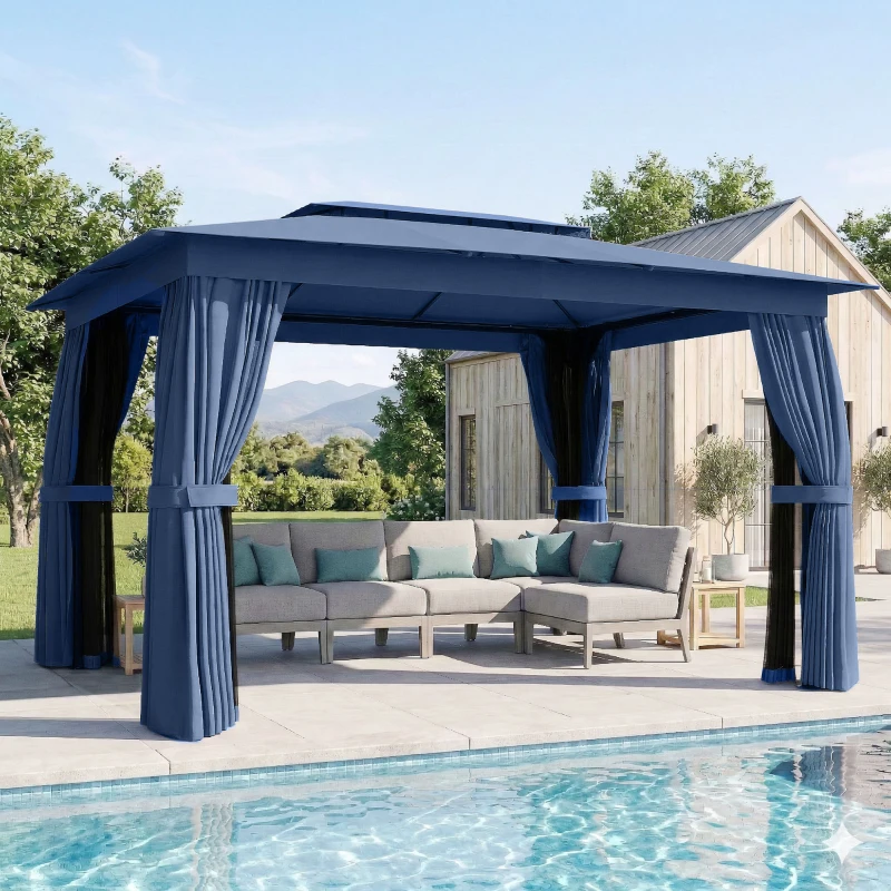 Outsunny 10' x 12' Outdoor Patio Gazebo, Soft Top Gazebo Canopy Shelter with Curtains, Netting, Steel Frame, Hooks, Blue