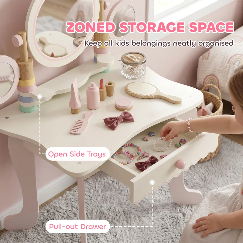 Qaba Kids Vanity Set, Kids Makeup Vanity Table and Chair with Triple Mirrors, 5 Pcs Accessories and Drawer for Girls 3+, Pink