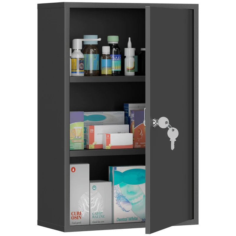 kleankin Wall Mount Medical Cabinet, Bathroom Cabinet with 3 Tier Shelves, 2 Keys, 15.7" x 7.1" x 23.6", Black