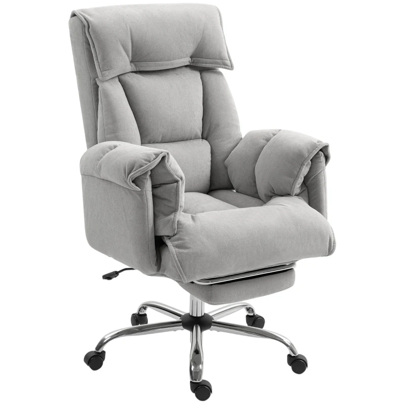 HOMCOM High Back Office Chair, Reclining Desk Chair with Footrest, Swivel Base, Rolling Wheels, Light Grey