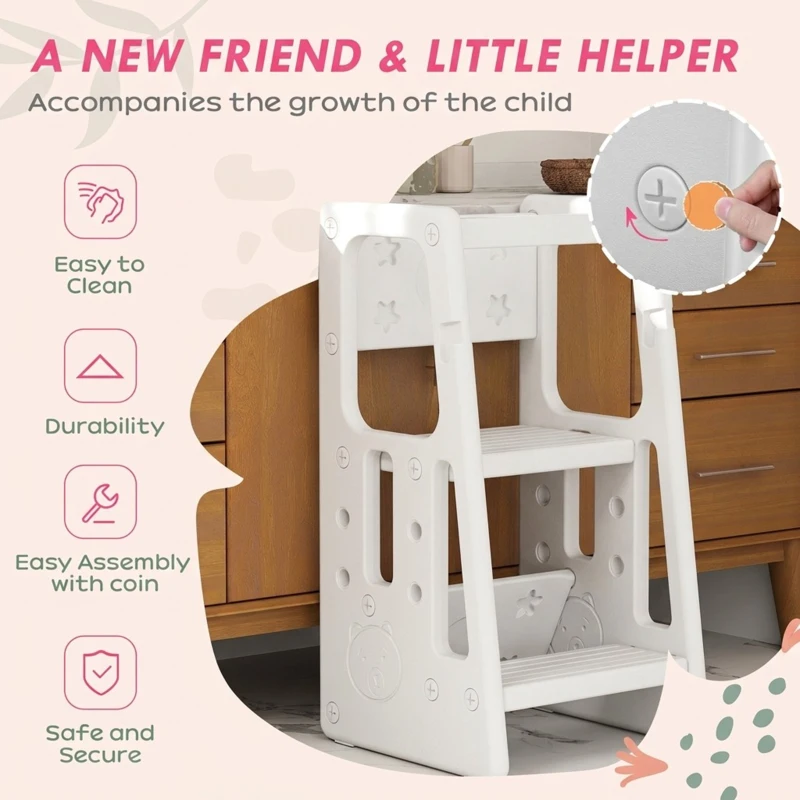 Qaba Toddler Kitchen Helper 2 Step Stool with Adjustable Height Platform and Safety Rail, White