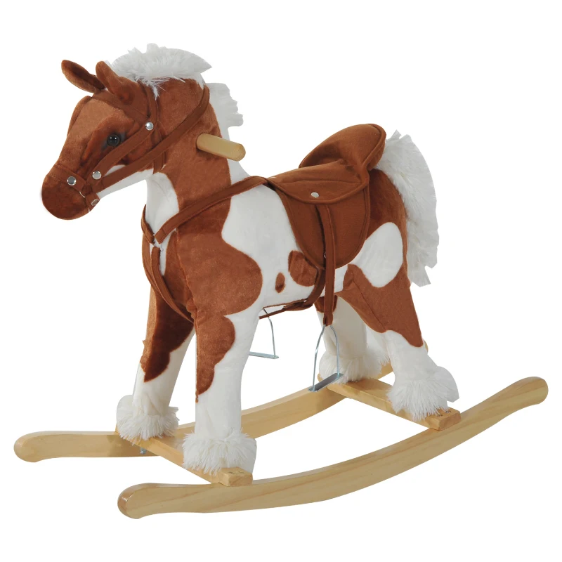 Qaba Kids Rocking Horse Plush Animal on Wooden Rockers with Sounds, Wooden Base, Baby Rocking Chair, Brown and White