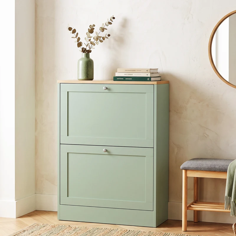 HOMCOM Slim Shoe Storage Cabinet, Modern Shoe Cabinet with 2 Flip Drawers and Adjustable Shelves for 8-12 Pairs, Green