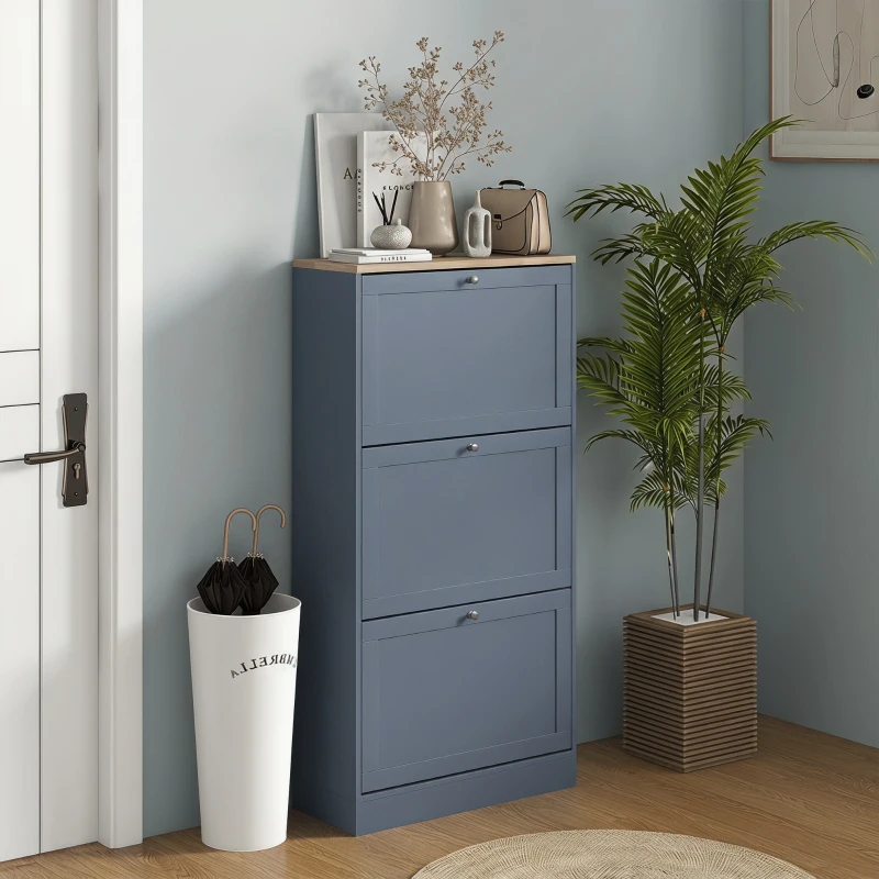 HOMCOM Modern Shoe Storage Cabinet with 3 Flip Drawers and Adjustable Shelves for 12-18 Pairs of Shoes, Blue