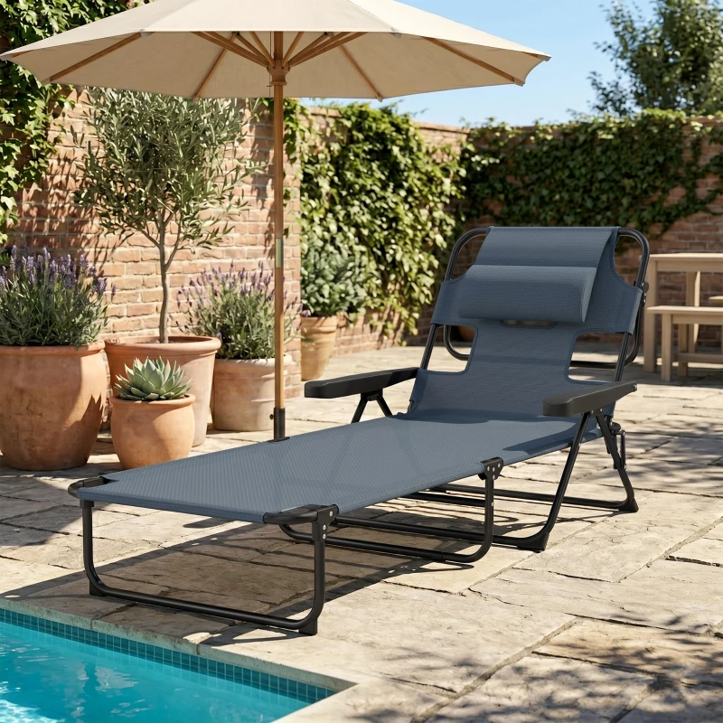 Outsunny Folding Lounge Chair w/ Reclining Back, Gray