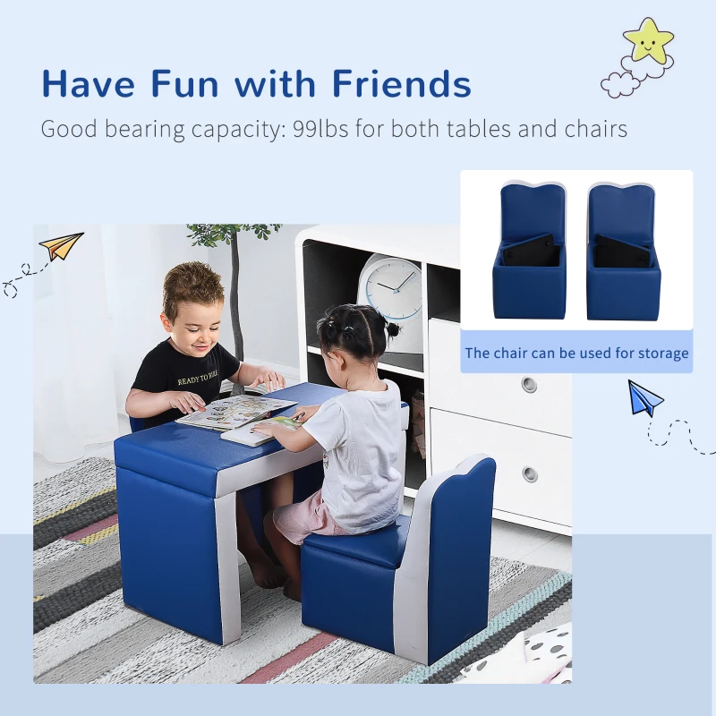 Qaba Kids Sofa Set 2-in-1 Multi-Functional Toddler Table Chair Set 2 Seat Couch Storage Box Soft Sturdy Blue