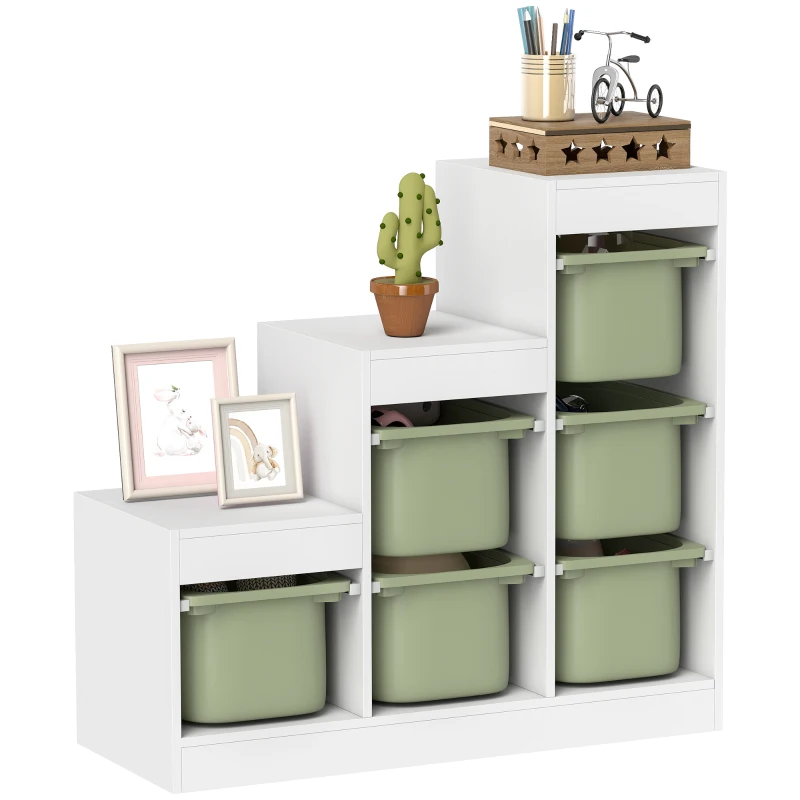 Qaba 3 Layers Toy Storage Organizer Kids Bookshelf Children Toy Storage w/ 6 Plastic Bins, Green