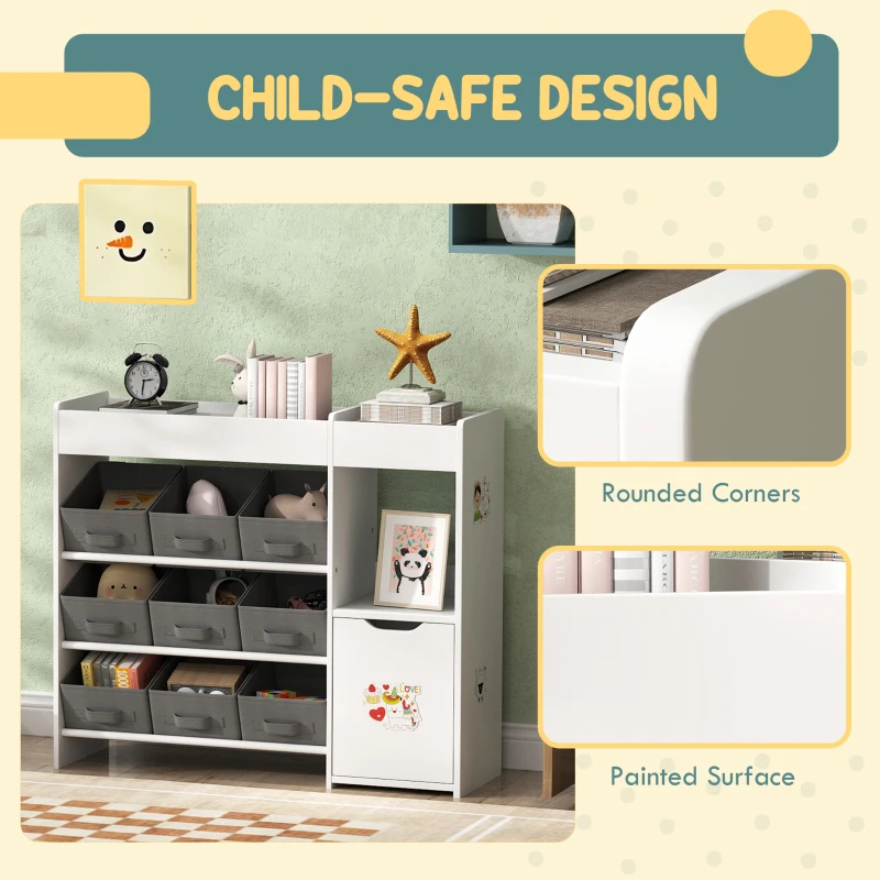 Qaba Toy Storage Organizer with 9 Non-Woven Fabric Boxes, Storage Cabinet & Shelves, for Kids Room, Nursery, Playroom White