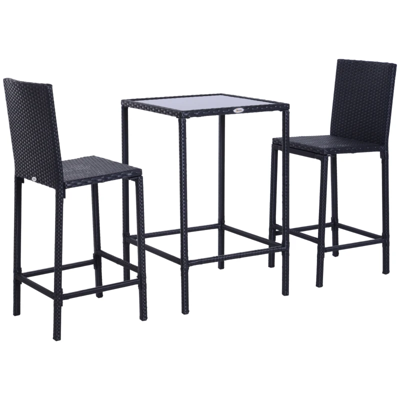 Outsunny 3 PCS Rattan Bar Set with Glass Top Table, 2 Bar Stools for Outdoor, Patio, Garden, Poolside, Backyard