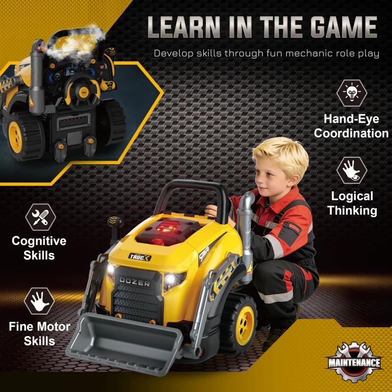 Qaba Truck Engine Toy, Kids Mechanic Repair Set with Spray, Lights, Sounds, Educational Excavator Gifts for 3-6 Years