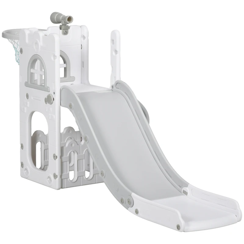 Qaba 5 in 1 Toddler Slide with Basketball Hoop, Climber, Telescope, Storage Basket, for 1-3 Years Kids Indoor Use, Grey