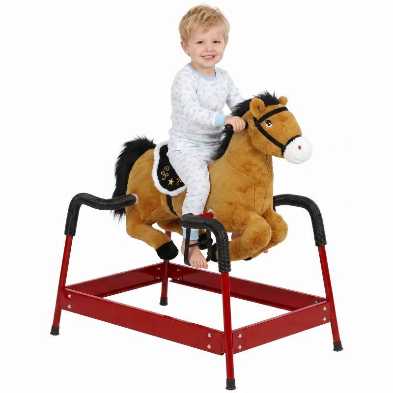 Qaba Kids Spring Rocking Horse, Ride on Horse with Neighing Sounds, Plush Animal Ride on Toy for Ages 3+ Years, Brown