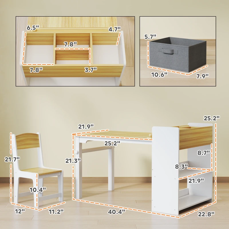 Qaba Kids Desk and Chair Set with Paper Roll, Kids Activity Craft Table with Storage Shelves and Drawers, Natural Wood