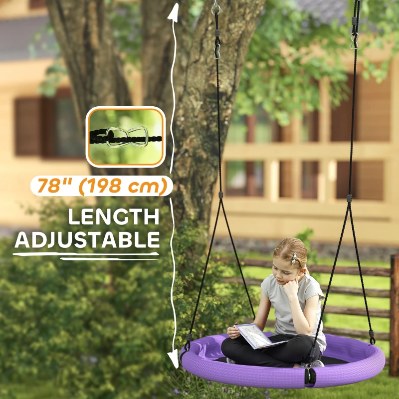Qaba 100cm Diameter Nest Seat for Kids with Height Adjustable Hanging Ropes for Outdoor, Playground, Garden, Purple