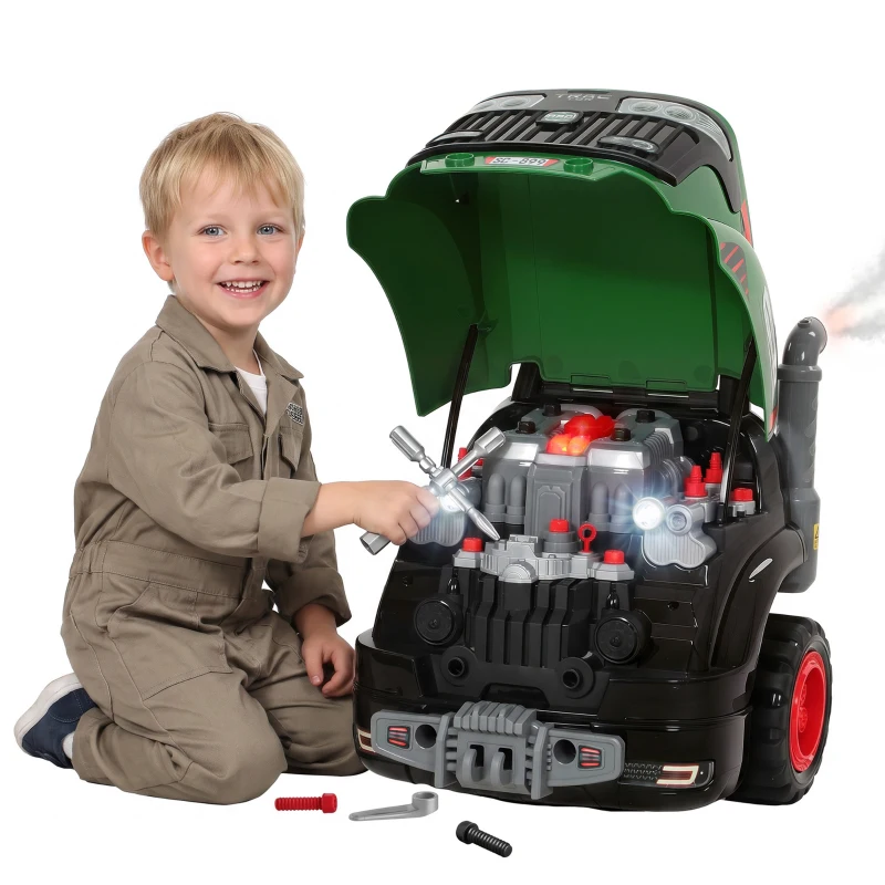 Qaba Truck Engine Toy, Kids Mechanic Repair Set with Spray, Lights, Sounds, Educational Gifts for 3-6 Years, Green