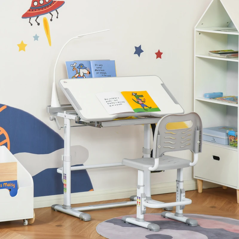 Qaba Kids Desk and Chair Set, Height Adjustable School Study Table and Chair, Student Writing Desk with Tilt Desktop, LED Light, Pen Box, Drawer, Reading Board, Cup Holder, and Pen Slots, Grey
