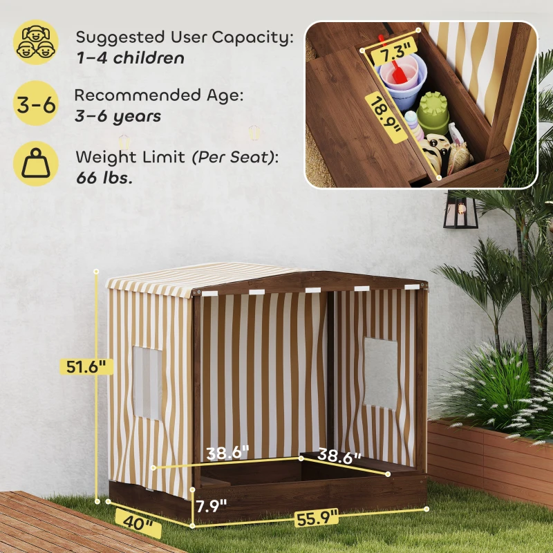 Qaba Kids Wooden Sandbox with Canopy Fully Covered, 2 Bench Seats, Bottom Liner, 56" x 40" x 52", Brown