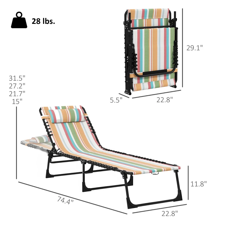 Outsunny 2 Folding Chaise Lounge Pool Chairs with 4-Position Reclining Back, Pillow, Breathable Mesh & Bungee Seat, Striped