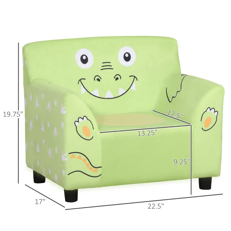Qaba Kids Sofa, Armrest Chair for Preschool, Toddler Couch for Kids Room, Kindergarten with Cute Animal Print, Super-soft Velvet, Eucalyptus Wood, Green