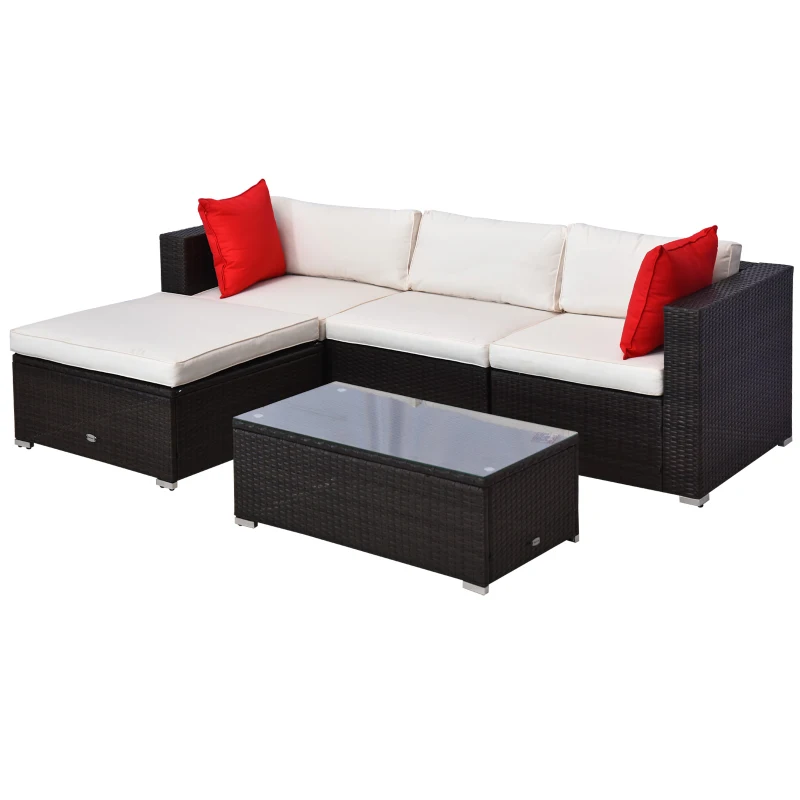 Outsunny 5-Piece Patio Furniture Set with Cushions, Outdoor PE Rattan Wicker Sofa Set, Sectional Furniture with Pillows, Glass Coffee Table for Garden, Backyard, Brown/Cream White