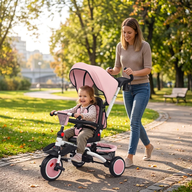 Qaba 6 in 1 Toddler Tricycle for 1-5 Years Old with Push Handle, Removable Canopy, Rotatable Seat, Pink