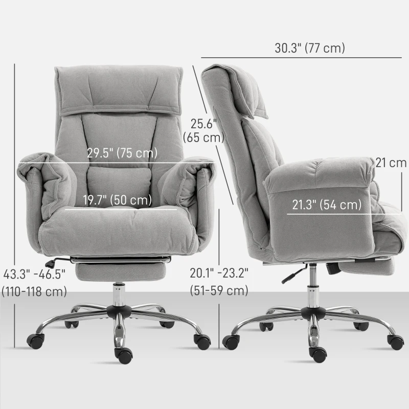 HOMCOM High Back Office Chair, Reclining Desk Chair with Footrest, Swivel Base, Rolling Wheels, Light Grey