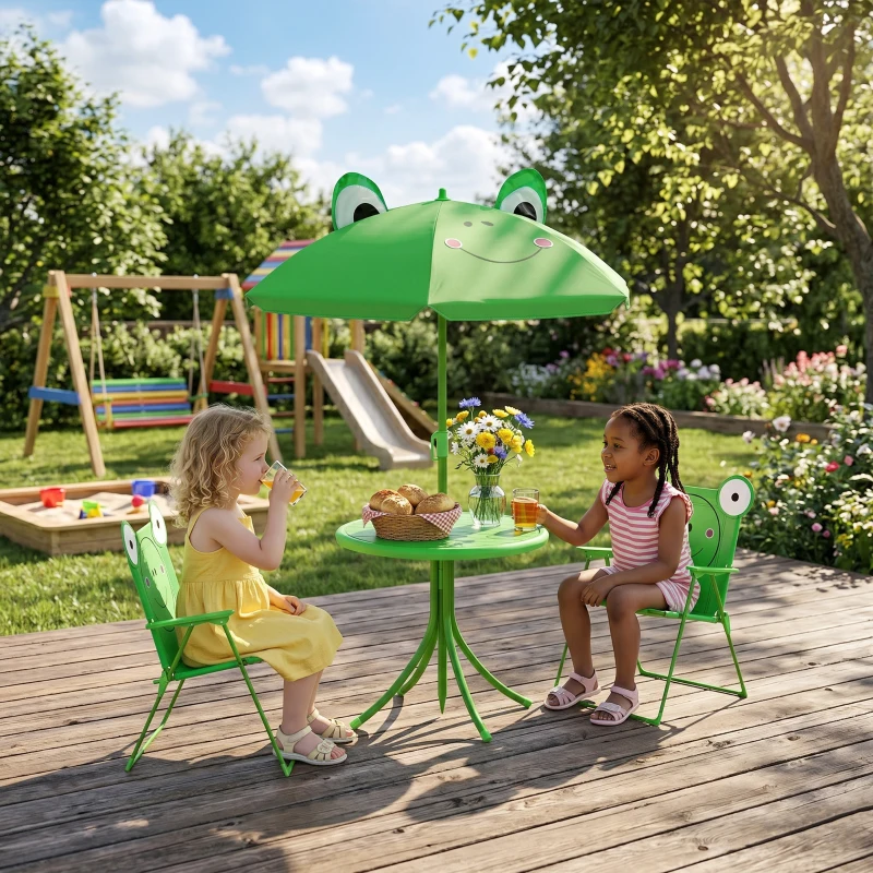 Outsunny Kids Folding Picnic Table and Chair Set Pattern Outdoor Garden Patio Backyard with Removable & Height Adjustable Sun Umbrella Green