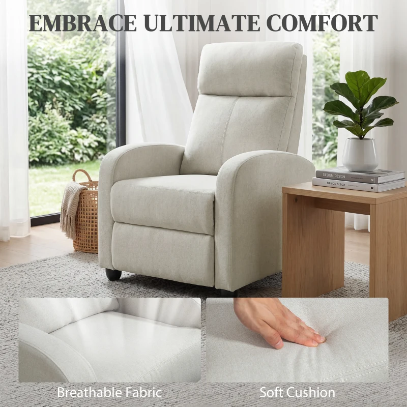 HOMCOM Fabric Recliner Chair Manual Home Theater Seating Single Reclining Sofa Chair with Padded Seat, Cream White