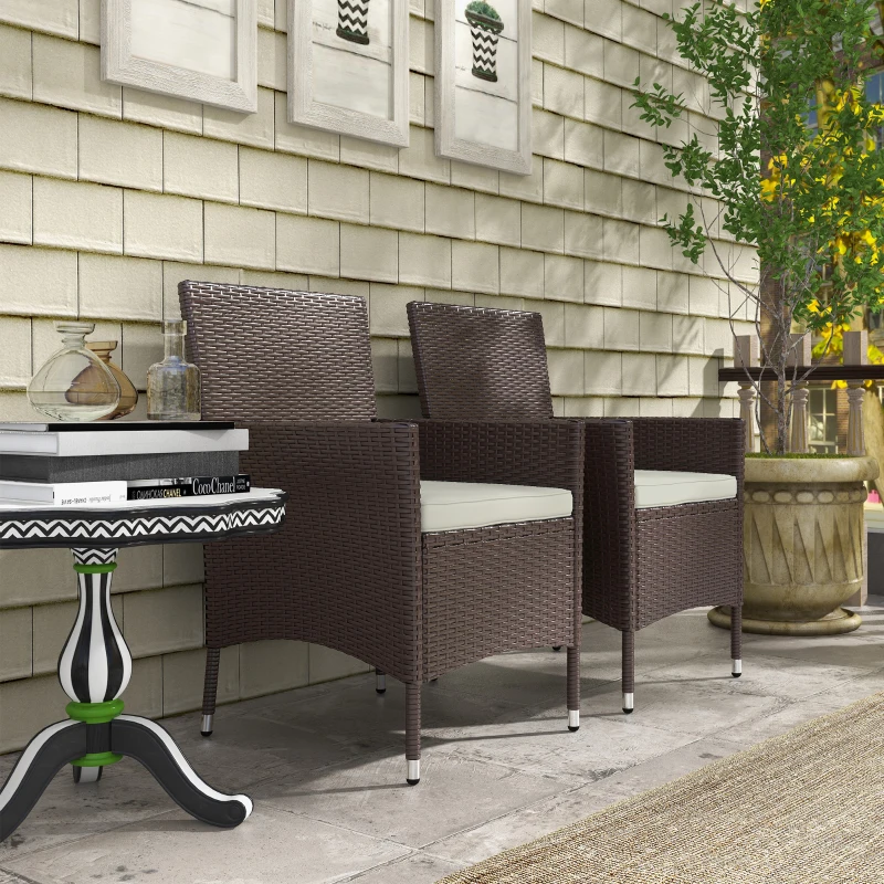 Outsunny 2 Pieces Wicker Outdoor Dining Chairs, Patio Chairs with Cushions for Backyard, Garden, Lawn, Dark Coffee