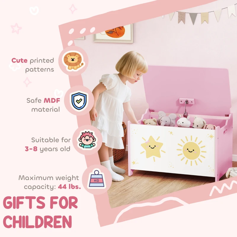 Qaba Toy Box with Lid, Safety Hinges and Groove Handles, Toy Storage Organizer for Kids, Living Room, Playroom, Pink
