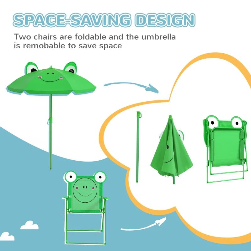 Outsunny Kids Folding Picnic Table and Chair Set Pattern Outdoor Garden Patio Backyard with Removable & Height Adjustable Sun Umbrella Green