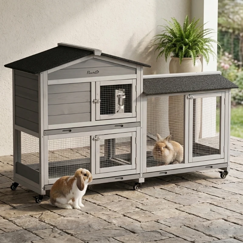 PawHut 62" Wooden Mobile Rabbit Hutch with Wheels, Run Box, Slide-out Tray, Ramp