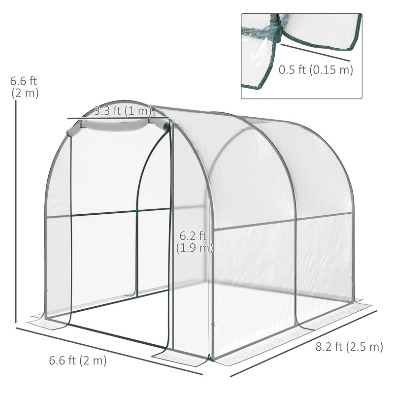 Outsunny Dome Tunnel Greenhouse Plant Shed with Roll Up Door, 6.6' x 8.2' x 6.6', Transparent