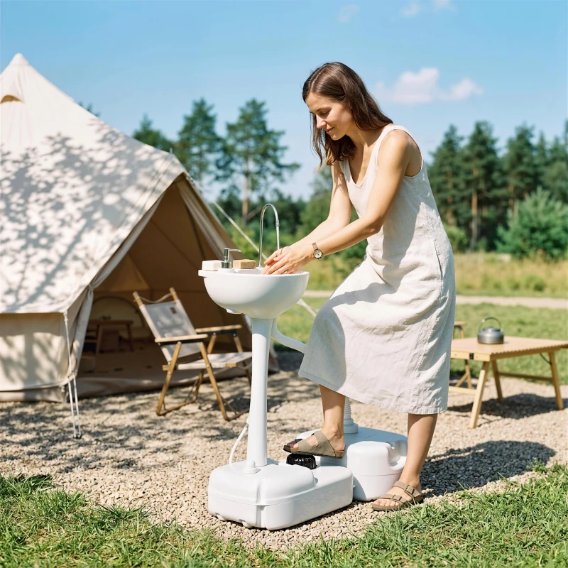 kleankin Portable Camping Sink, HDPE Handwashing Station Basin with 4.5 Gal Tank, 6.3 Gal Recovery Tank, Wheels & Soap Dispenser