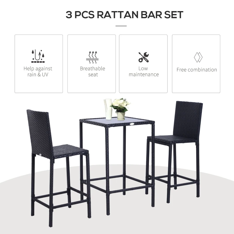 Outsunny 3 PCS Rattan Bar Set with Glass Top Table, 2 Bar Stools for Outdoor, Patio, Garden, Poolside, Backyard