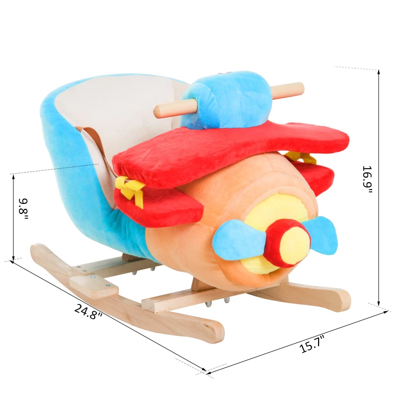 Qaba Kids Rocking Horse, Wooden Plush Ride-on Plane Chair Toy with Lullby Song and Seat Belt for 18 Month +