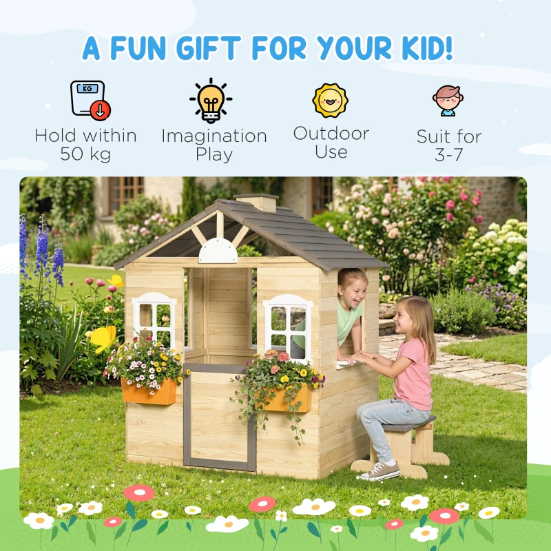 Outsunny Outdoor Playhouse, Wooden Kids Playhouse with Working Door, Windows, Bench, Service Station, Flower Pot Holder, Cottage Play House for 3-7 Years Old Pretend Play, Natural